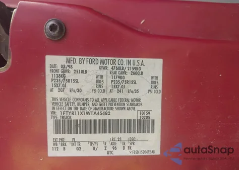 1998 Ford Ranger Splash/Xl/Xlt z USA, uszkodzony, nr VIN 1FTYR11X1WTA45482